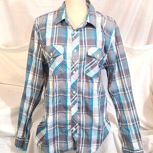 Men's Large No Retreat Button Down Blue Green Plaid Collar Dress Shirt